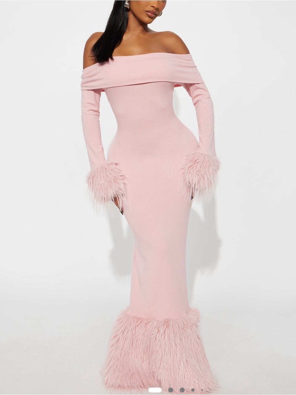 Fashion Nova Soft Season Faux Fur Off-Shoulder Feather-Trim Maxi Dress